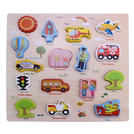 Pojazdy i figurki, drewniane puzzle dla dzieci