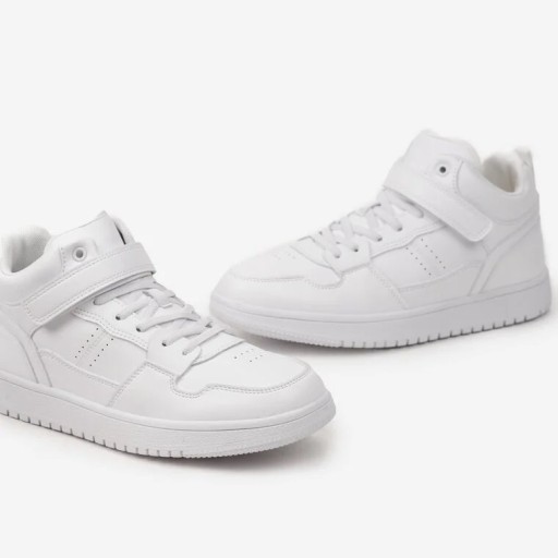 Dziecięce Buty Sneakersy Sportowe Wysokie Skórzane Na Rzepy Całe Białe 33