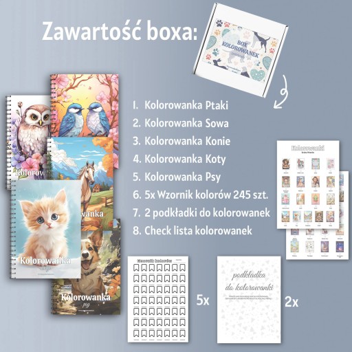 Zwierzaki - BOX KOLOROWANEK na spirali A5 wzorniki podkładki PREZENT