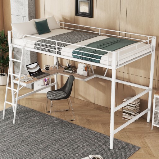 Metalowe łóżko piętrowe 90x200cm z biurkiem w kształcie litery L i półką