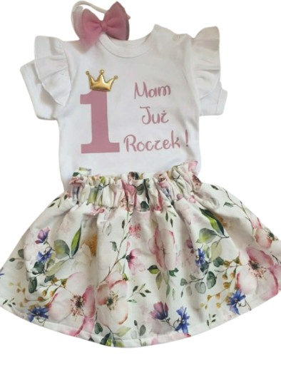 Komplet na roczek dziewczynka 1 urodziny body spódniczka opaska handmade 80