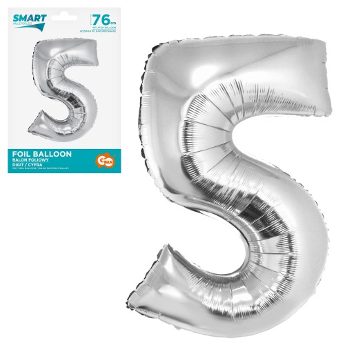 Balon foliowy Smart, Cyfra 5, srebrna, 76 cm