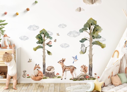 NAKLEJKA ŚCIENNA LITTLE DECO ZWIERZĘTA LEŚNE Z DRZEWAMI 167 X 99 CM
