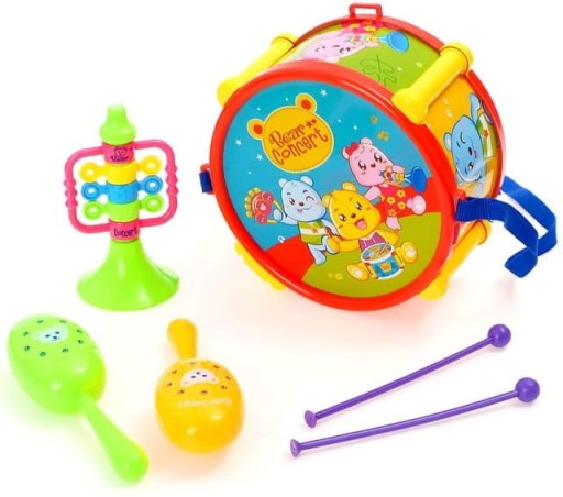 INSTRUMENTY MUZYCZNE TRĄBKA GRZECHOTKI BĘBENEK