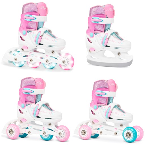 Rolki Wrotki Łyżwy Hokejowe 4w1 RAVEN Loret Glitter White/Mint/Pink 27-30