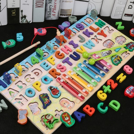 Drewniane liczydło sorter rybki cyfry montessori