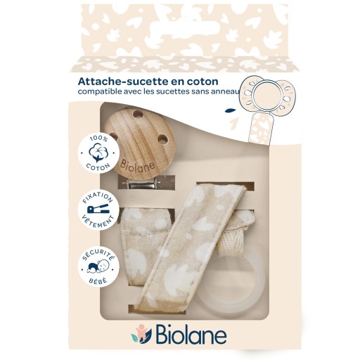 Biolane - 100% bawełniany klips do smoczka drewniany i metalowy klips