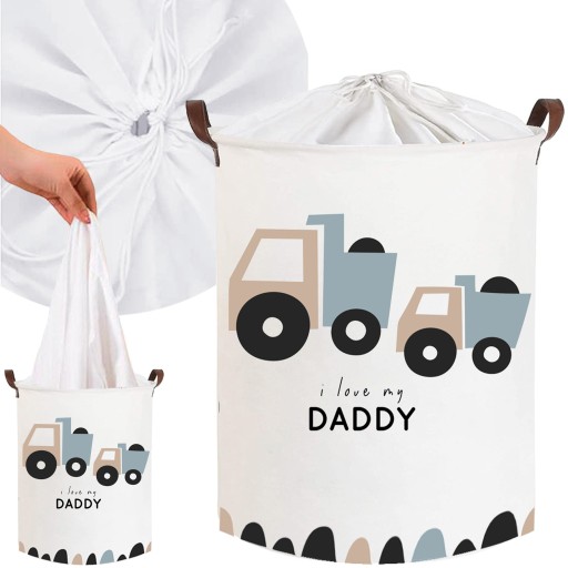 Kosz na zabawki, zamykany, bawełna, Trucks Love Daddy - biały, 43 L