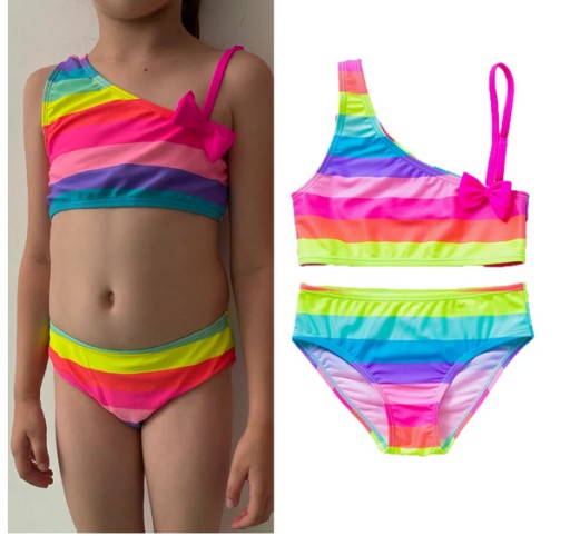 SUPER kolorowy neonowy strój kąpielowy BIKINI r. 146/152 paseczki