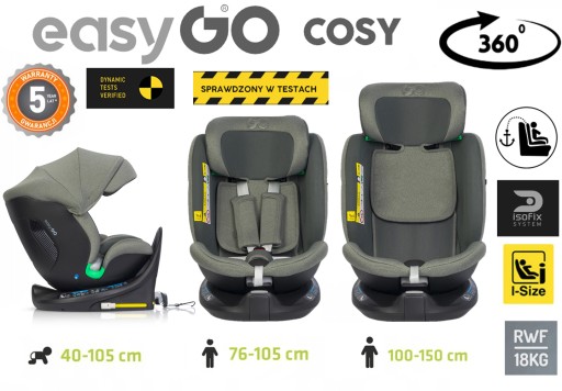 Fotelik samochodowy Easy Go Cosy obrotowy i-Size 0-36 kg szary