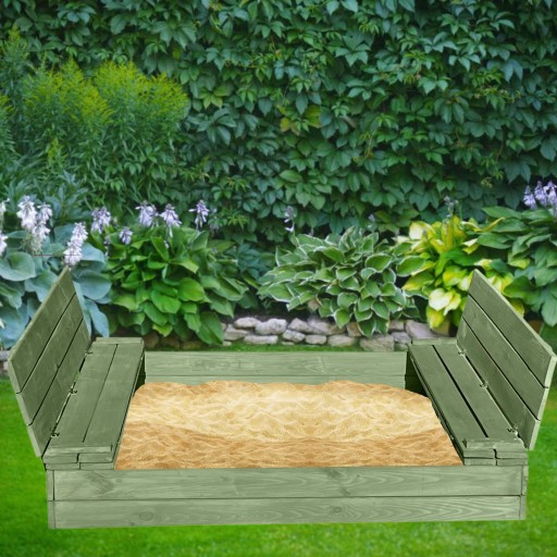Piaskownica Drewniana 150x150XXL Składana Zamykana Z Ławkami Zielona+