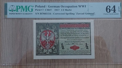 Zdjęcie oferty: 1/2 Marki Polskiej 1916 stan PMG 64 EPQ ! 