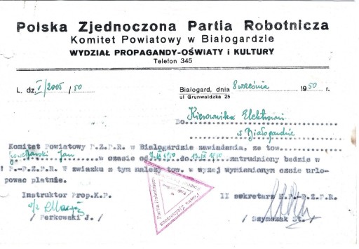 Zdjęcie oferty: Pismo PZPR w Białogardzie do dyr. elektrowni- 1950