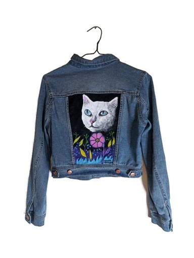 Zdjęcie oferty: kurtka jeansowa malowana custom kot kwiat handmade