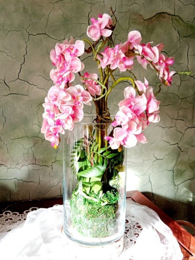 Zdjęcie oferty: Kompozycja storczyk róż szklany wazon 