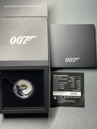 Zdjęcie oferty: James Bond 007 1oz, High Relief, Proof, 2020r, Ag