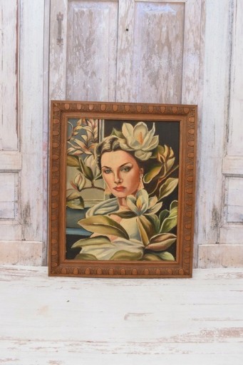 Zdjęcie oferty: T. De. Łempicka - Portret Kobiety z Kwiatami - Stary Obraz Olejny z Francji