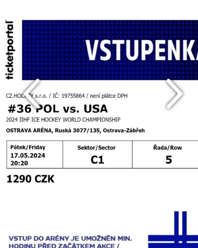 Zdjęcie oferty: Bilety na mecz MŚ w hokeju Polska -USA w Ostrawie 