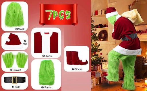 Zdjęcie oferty: 7-częściowy zielony kostium Grincha dla dorosłych