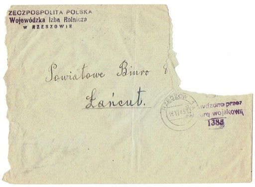 Zdjęcie oferty: Rzeszów - Koperta z cenzurą nr 1385 z 1945 r 