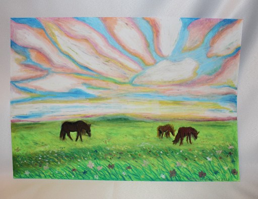 Zdjęcie oferty: obraz pastele olejne A3 konie łąka zachód słońca