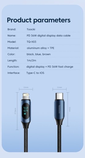 Zdjęcie oferty: Toocki kabel USB-C do iPhone PD 36W transmisja dan