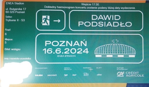 Zdjęcie oferty: bilety na koncert Dawid Podsiadło Poznań 16.06.24