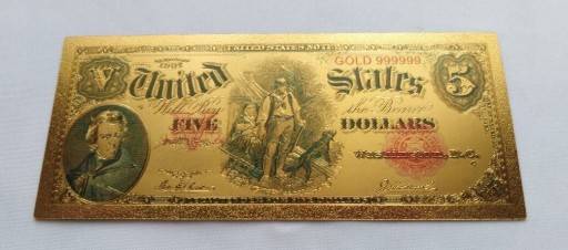 Zdjęcie oferty: Banknot pozłacany 24k  5 dolarów USA 1907 rok