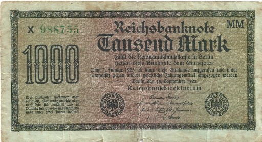 Zdjęcie oferty: REICHSBANKNOTE 1000 MARK z  1922 r. Nr X 988755 MM