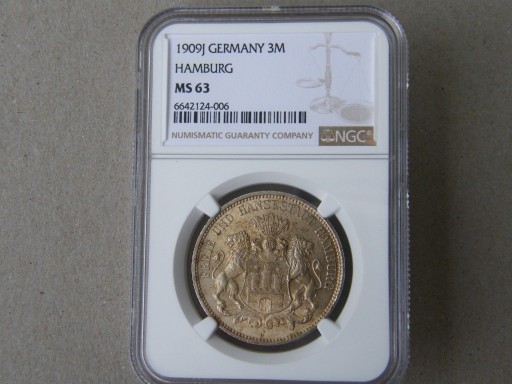 Zdjęcie oferty: Niemcy 3 marki 1909J  Hamburg  NGC MS63