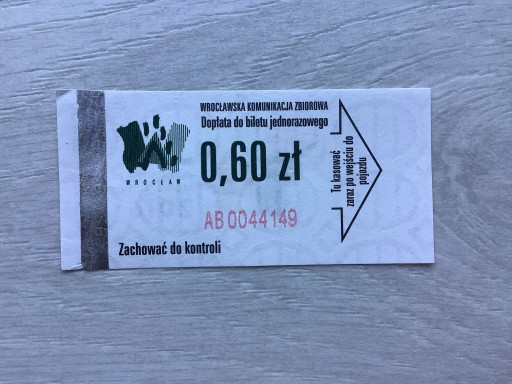Zdjęcie oferty: Bilet 0,60 zł Wrocławska komunikacja zbiorowa 2016