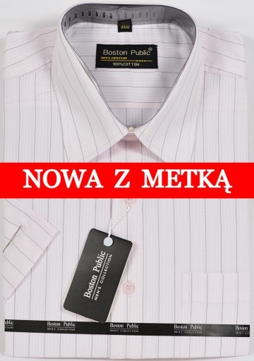 Zdjęcie oferty: Koszula męska biała pudrowa w paski na krótki rękaw kołnierzyk 40/41