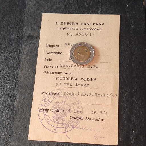 Zdjęcie oferty: Legitymacja 1 Dywizja Pancerna Medal Wojska 