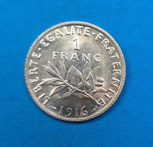 Zdjęcie oferty: Francja 1 frank 1916, piękny stan, srebro 0,835