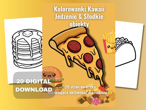 Zdjęcie oferty: Kolorowanki Dla Dzieci Kawaii – Jedzenie Słodkie Obiekty 20 stron PDF