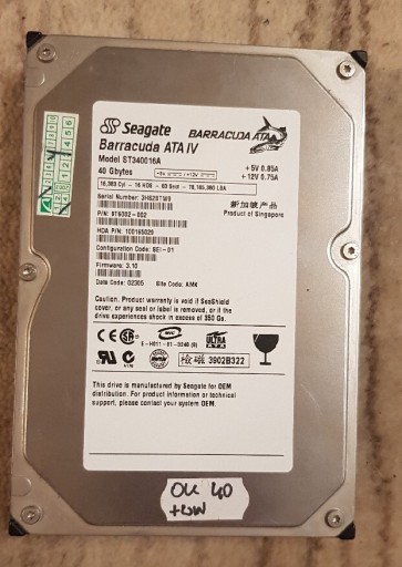 Zdjęcie oferty: Dysk Twardy HDD IDE ATA Seagate Barracuda IV 40GB 