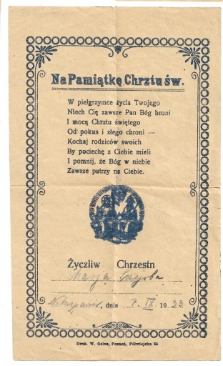 Zdjęcie oferty: Na pamiątkę chrztu  św.  1933 r  DOKUMENT ORYGINAŁ
