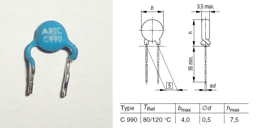 Zdjęcie oferty: Termistor PTC C990 raster 5mm średnica Ø4mm 55Ohm 0,7A .