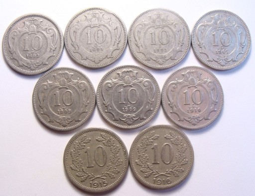 Zdjęcie oferty: Austria komplet 10 heller 1893-1916r. 9 monet