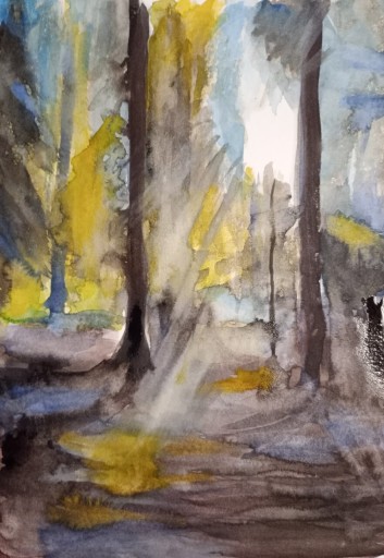 Zdjęcie oferty: Poranek w lesie, akwarela, A4, oryginał , pejzaż, nowy, Skoczyk 