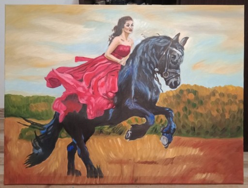 Zdjęcie oferty: Kobieta koń czerwona suknia obraz olejny