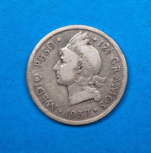 Zdjęcie oferty: Dominikana 1/2 peso 1937, dobry stan, srebro 0,900