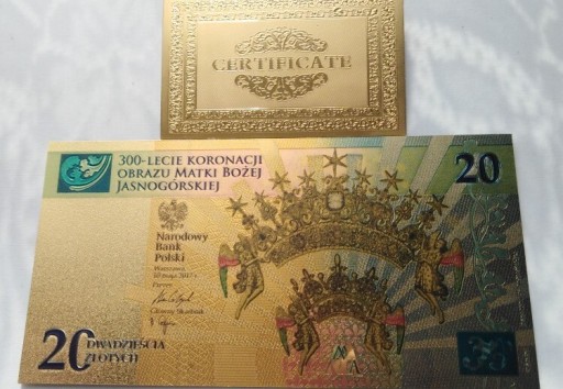 Zdjęcie oferty: Banknot pozłacany 20 zł KOR. O.M.B. JASNOGÓRSKIEJ