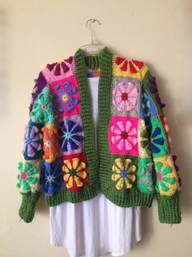 Zdjęcie oferty: Kardigan, sweter handmade kwiaty 3D kwadraty babci