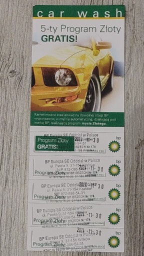 Zdjęcie oferty: Karnet Myjnia automatyczna BP - 5x program złoty 