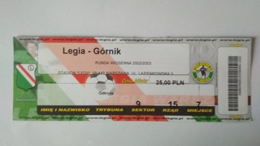 Zdjęcie oferty: Bilet Legia Warszawa - Górnik 2002/2003
