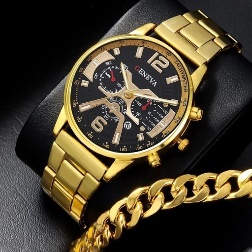 Zdjęcie oferty: Nowy Męski Złoty Zegarek w Zestawie z Bransoletą 