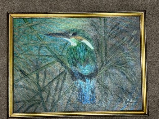 Zdjęcie oferty: Obraz olejny J. Rata 1992 – Zimorodek na trzcinach, ręcznie malowany