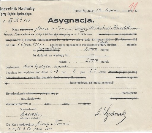 Zdjęcie oferty: Asygnacja Naczelnika Rachuby SA w Toruniu z 1921r