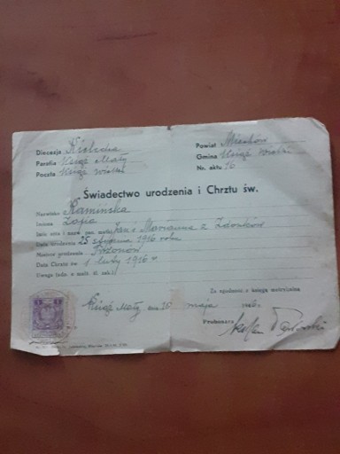 Zdjęcie oferty: Świadectwo urodzenia i Chrztu św. 1946